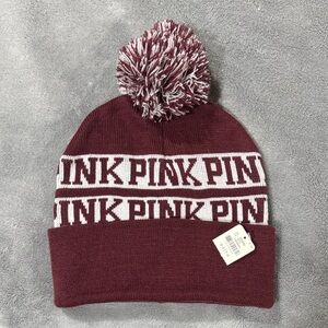 🆕 PINK Victoria's Secret Burgundy Beanie Hat with Pom-Pom